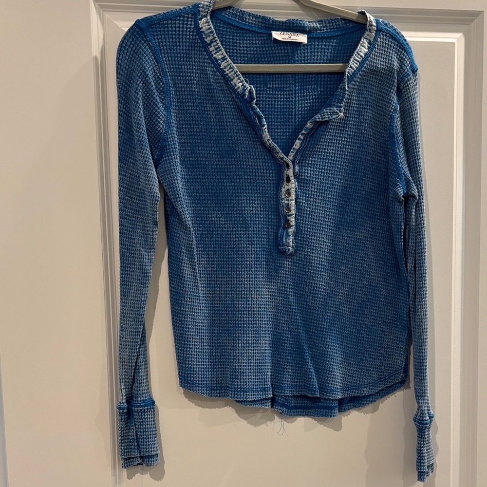 4 for $20 Sale - Blue Waffle Knit Henley Top